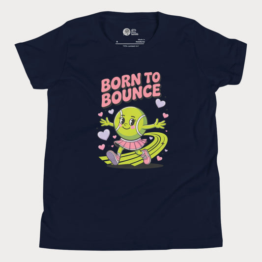 Navy girls tennis t-shirt with cartoon tennis ball character and “Born to Bounce” text – cute kids tennis top.