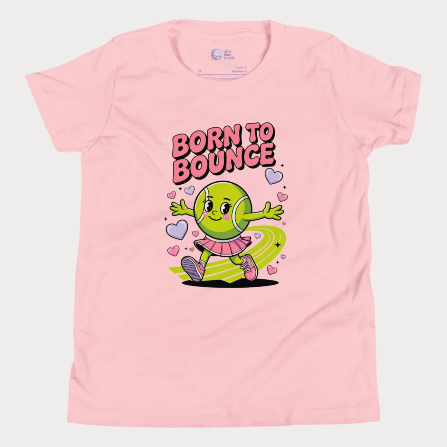 Pink girls tennis t-shirt with cartoon tennis ball character and “Born to Bounce” text – cute kids tennis top