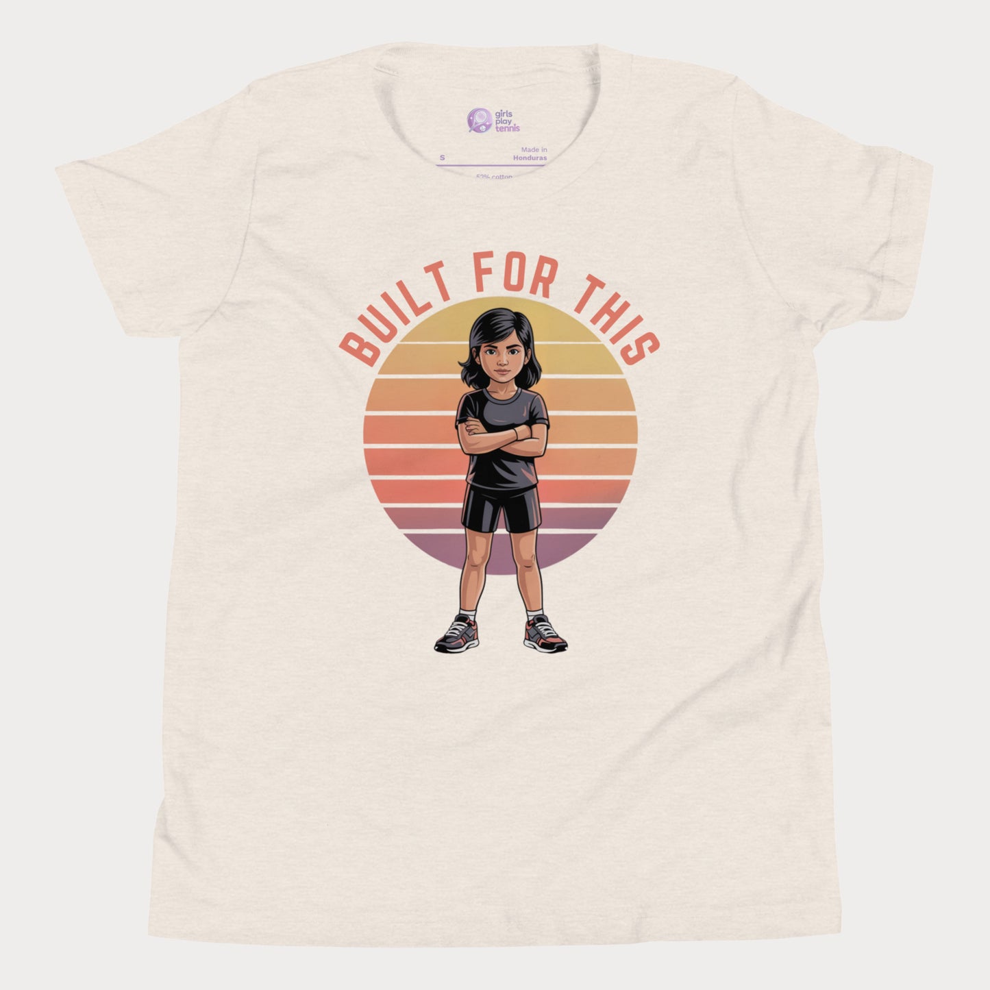 Empowering girls tennis t-shirt with “Built For This” slogan and confident girl illustration.
