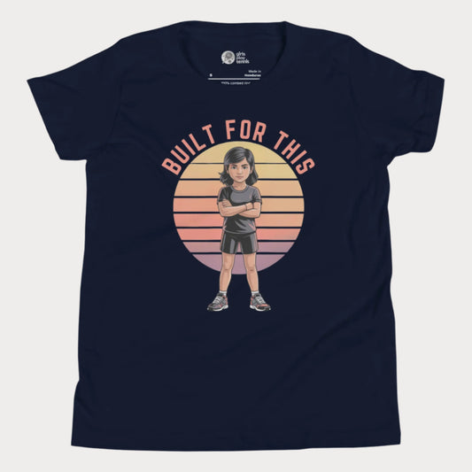 Empowering girls tennis t-shirt with “Built For This” slogan and confident girl illustration