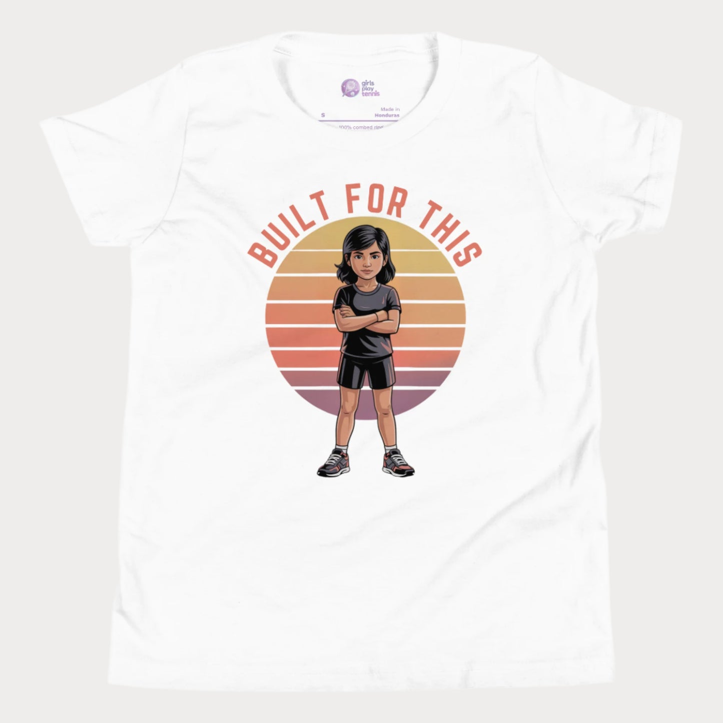 Empowering girls tennis t-shirt with “Built For This” slogan and confident girl illustration.