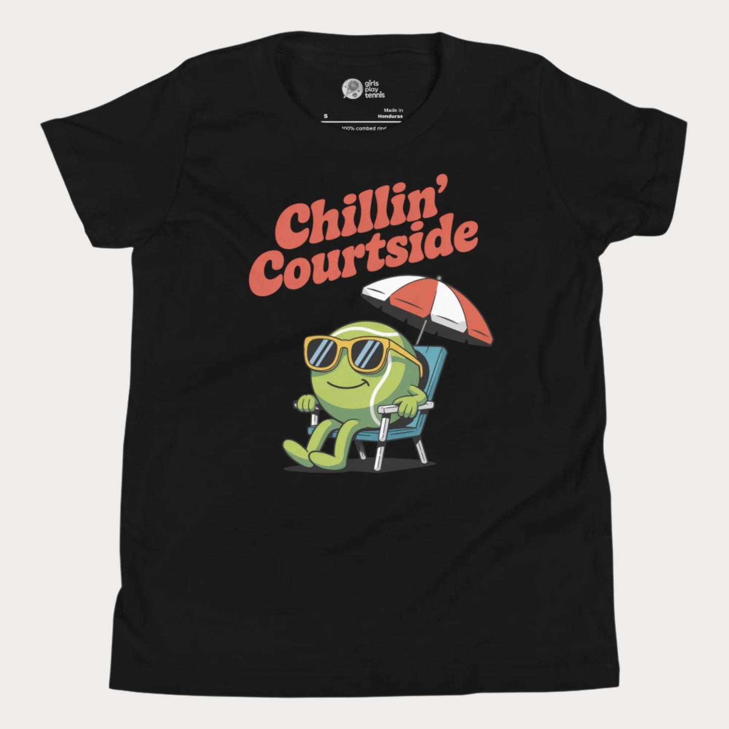 Chillin' Courtside girls tennis t-shirt with cartoon tennis ball lounging under umbrella on black tee