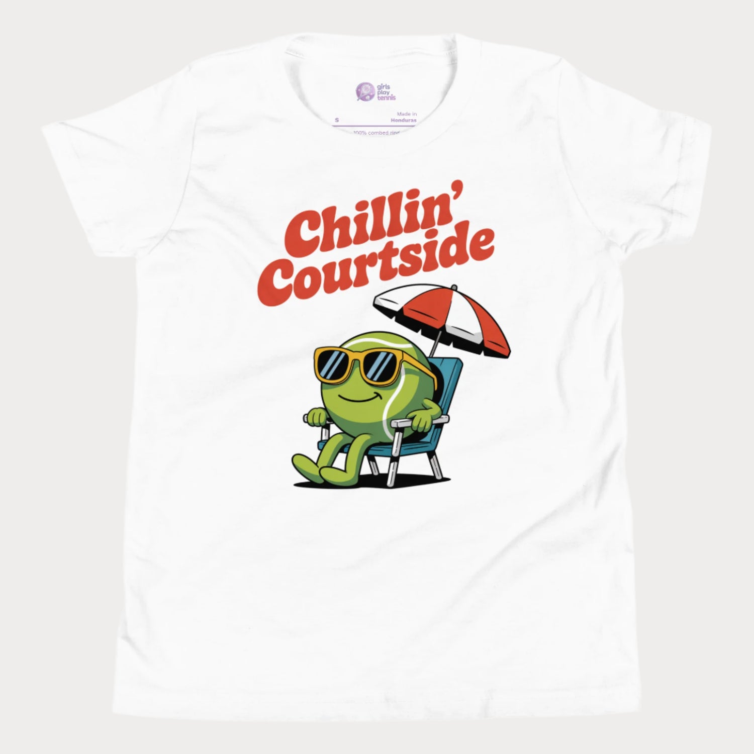 Chillin' Courtside girls tennis t-shirt with cartoon tennis ball lounging under umbrella on white tee.