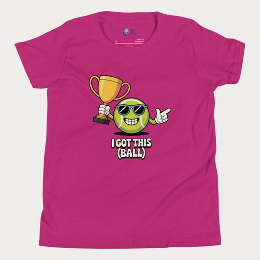 Berry girls tennis t-shirt with trophy-holding tennis ball character and “I Got This (Ball)” slogan