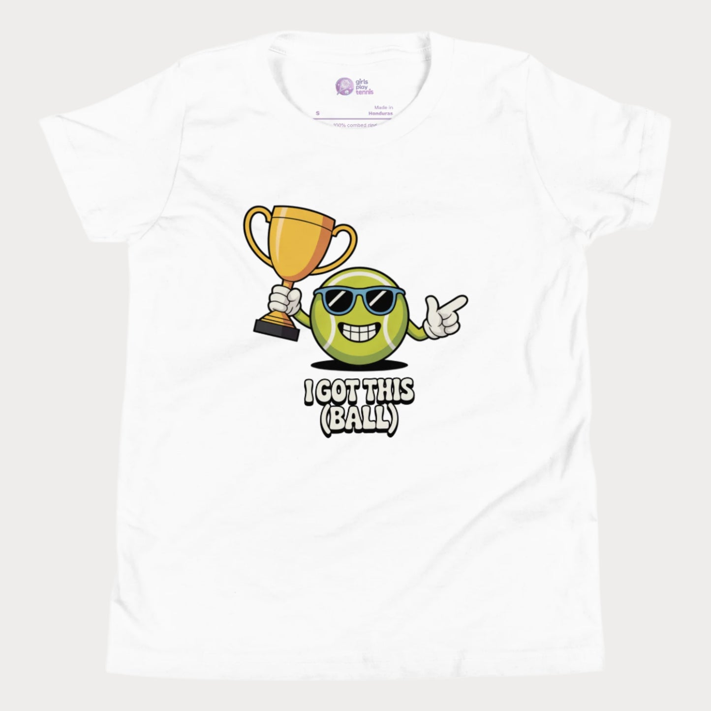 White girls tennis t-shirt with trophy-holding tennis ball character and “I Got This (Ball)” slogan.