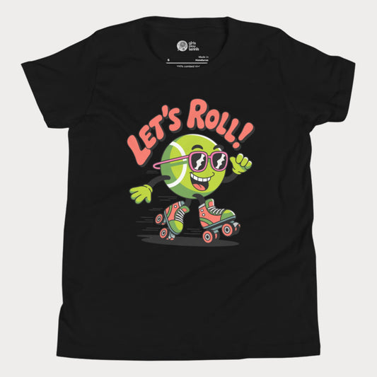 Black t-shirt with a cartoon tennis ball character on roller skates and 'Let's Roll!' text.