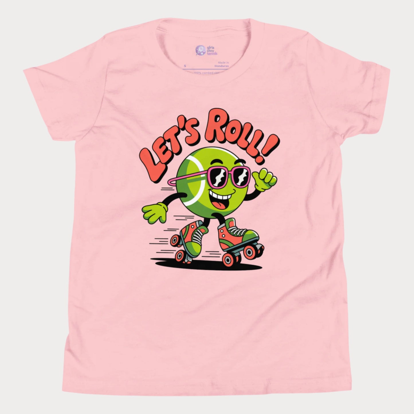 Pink girls t-shirt featuring a cartoon tennis ball wearing sunglasses and roller skates with the phrase “Let’s Roll!”