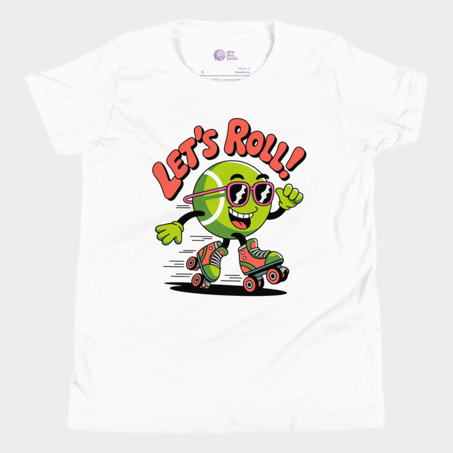 White girls t-shirt featuring a cartoon tennis ball wearing sunglasses and roller skates with the phrase “Let’s Roll!”