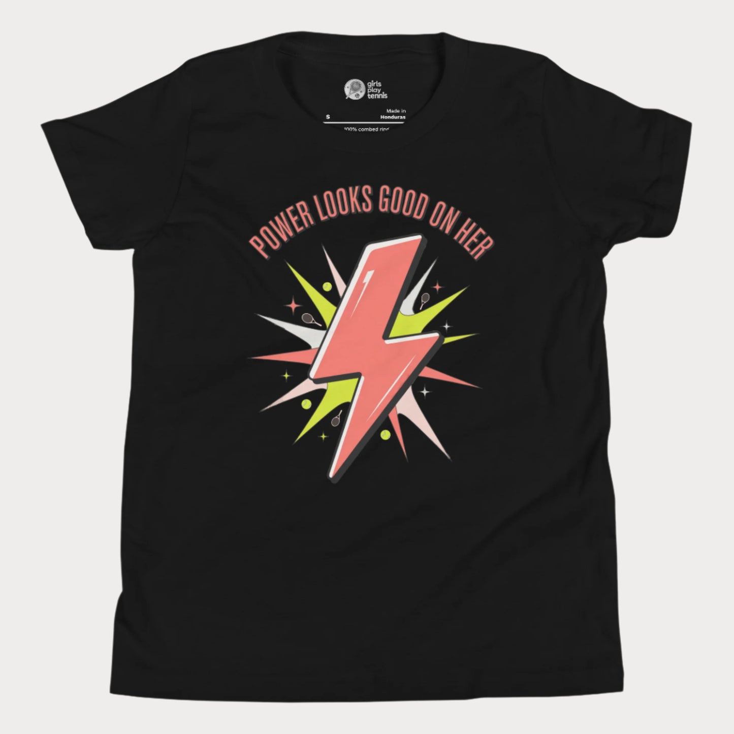 Girls tennis t-shirt with lightning bolt graphic and slogan “Power Looks Good On Her”
