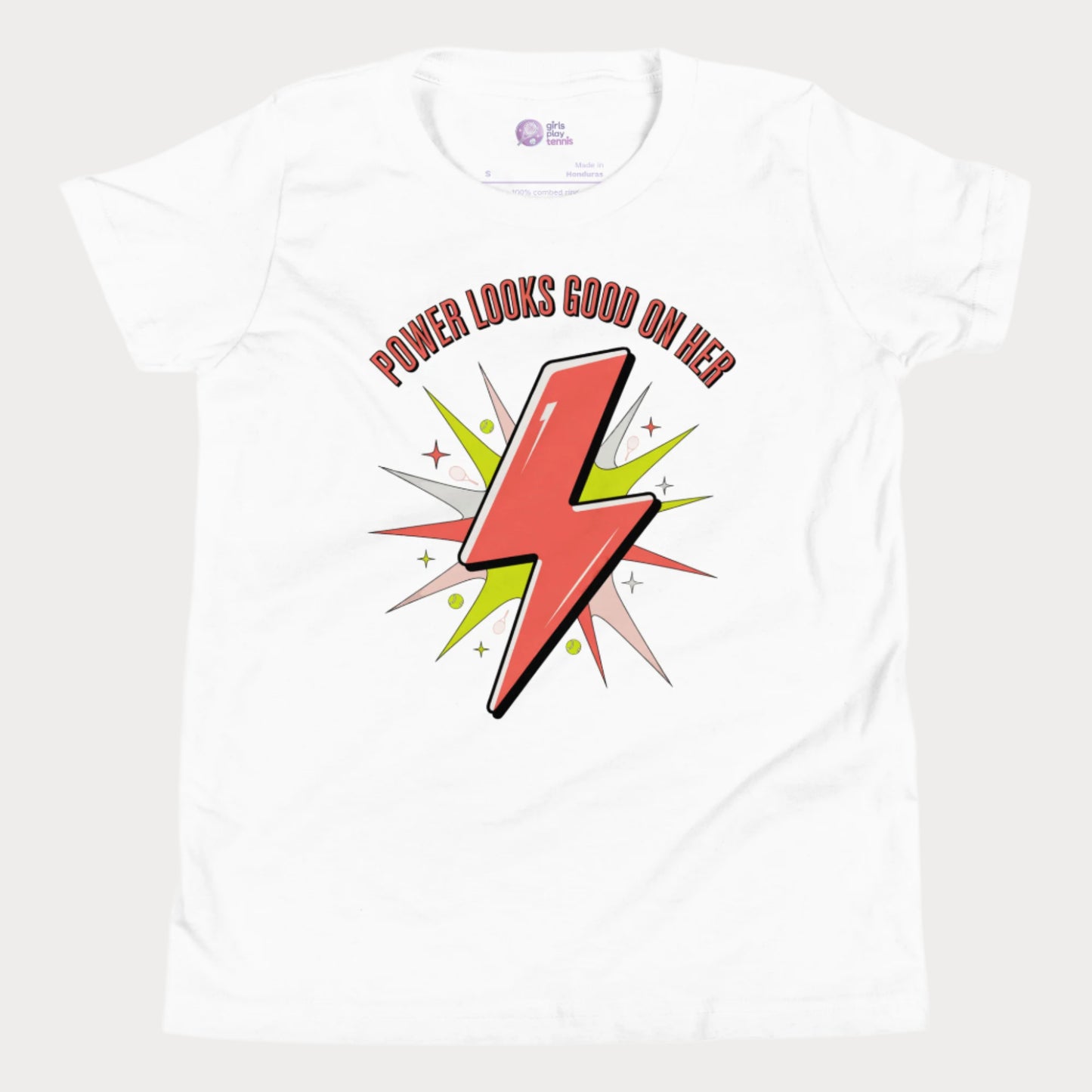 Girls tennis t-shirt with lightning bolt graphic and slogan “Power Looks Good On Her”