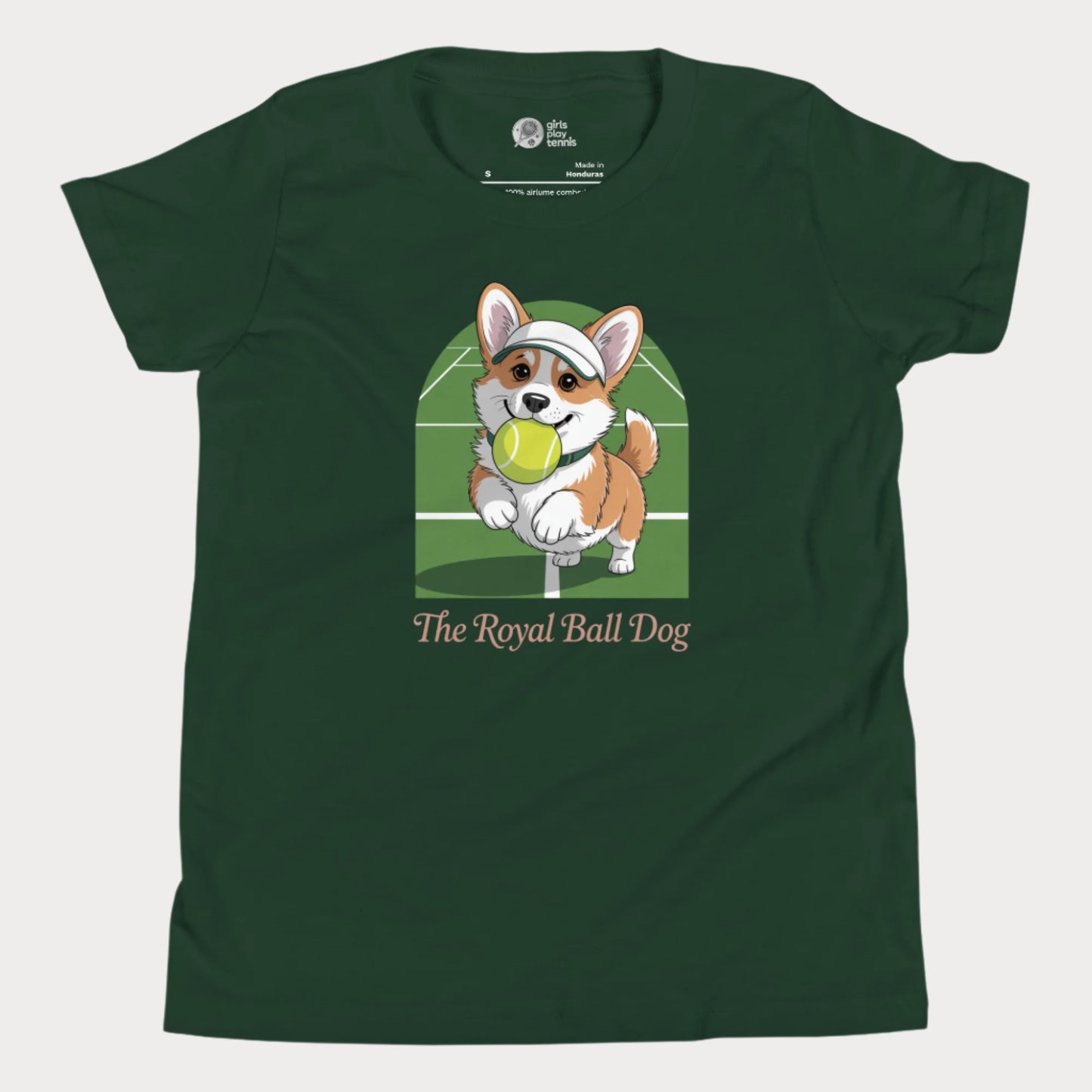Cute girls' tennis t-shirt featuring a cartoon corgi with a tennis ball on a green grass court background, captioned "The Royal Ball Dog"