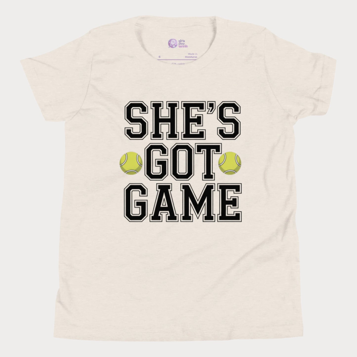 Youth tennis t-shirt with empowering slogan “She’s Got Game” and tennis ball accents.