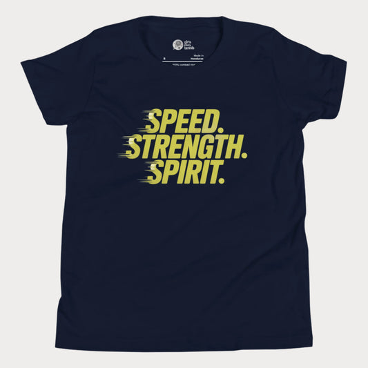Girls tennis t-shirt with bold “Speed. Strength. Spirit.” slogan in yellow text