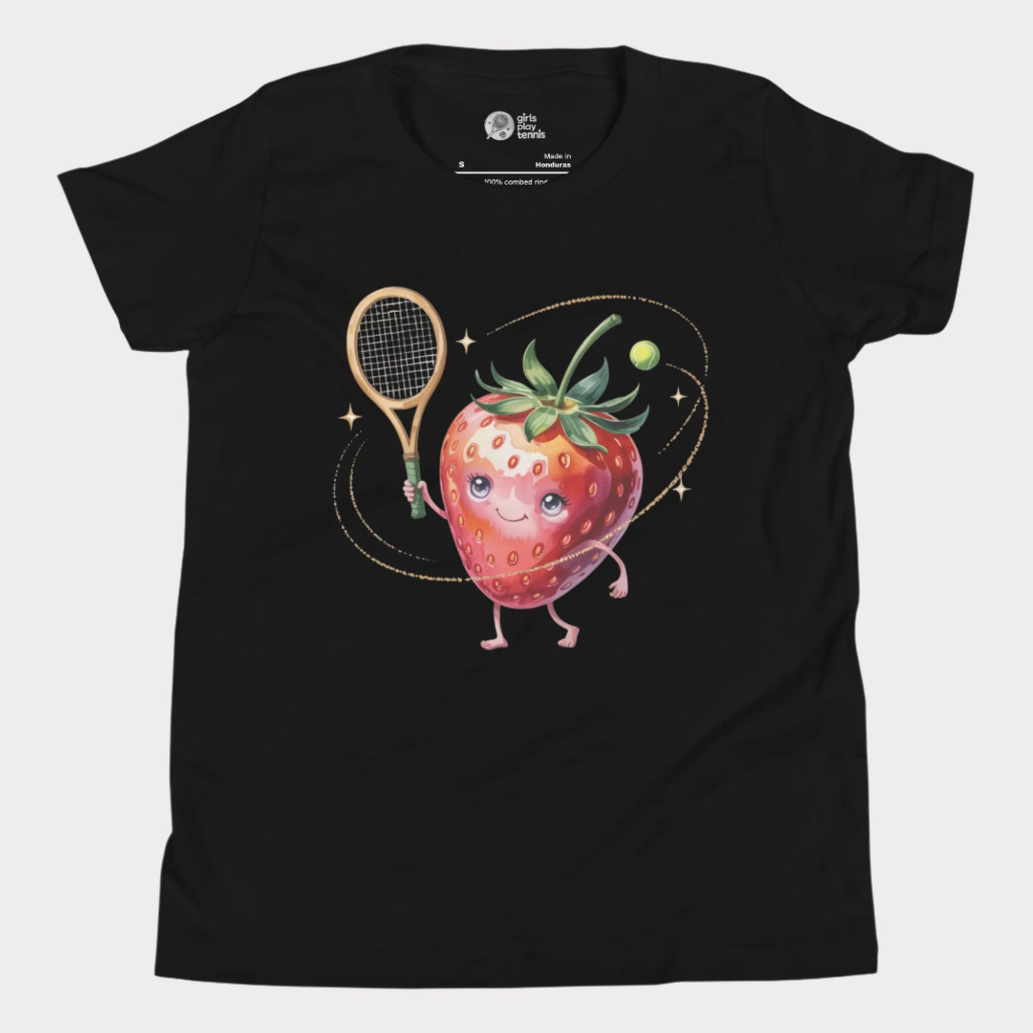 Strawberry-themed girls tennis t-shirt with sparkly fruit design.