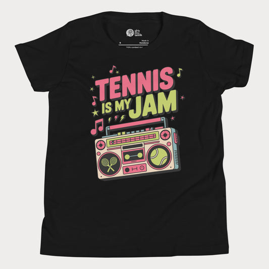 Girls tennis t-shirt with retro boombox and “Tennis Is My Jam” slogan on black tee.
