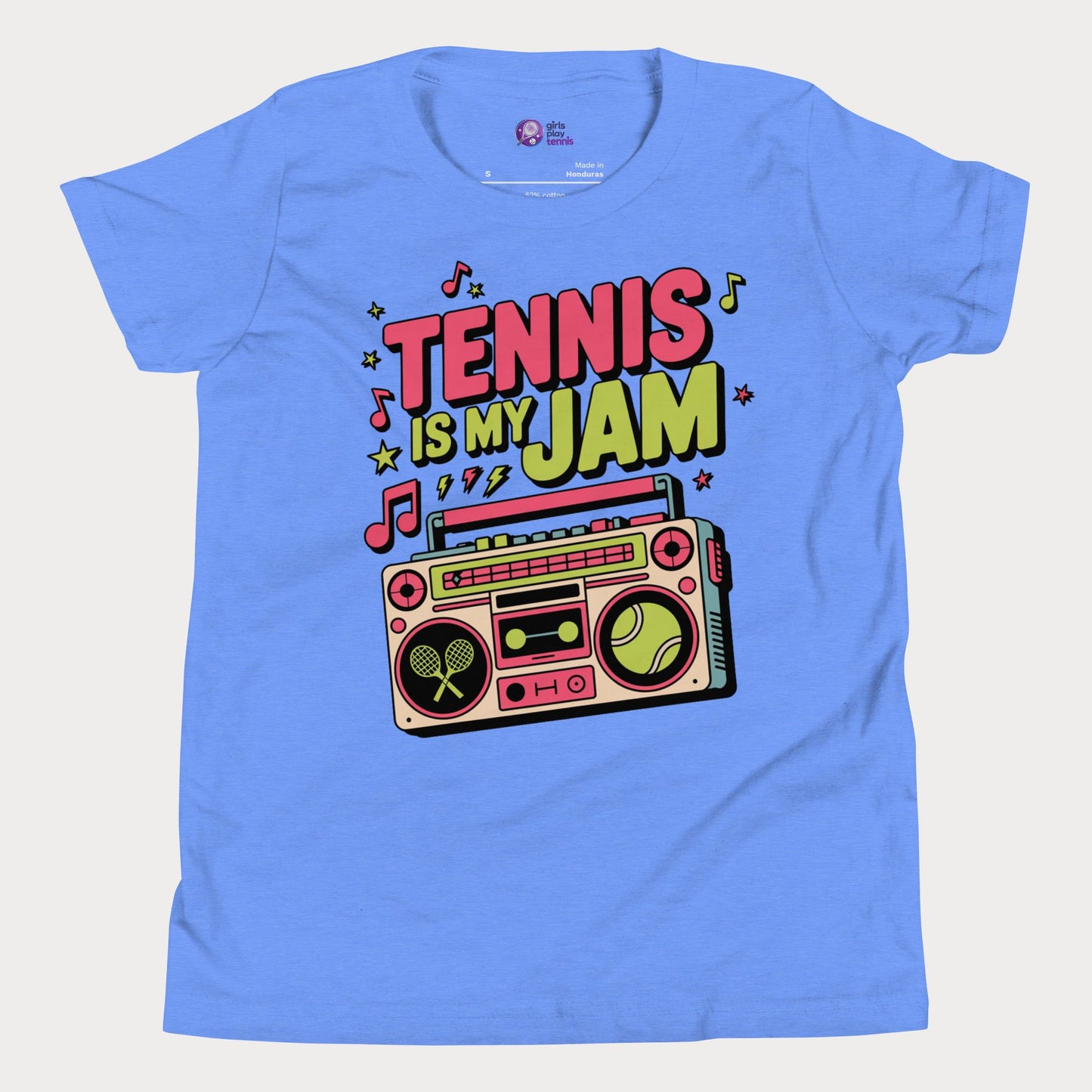 Girls tennis t-shirt with retro boombox and “Tennis Is My Jam” slogan on blue tee.