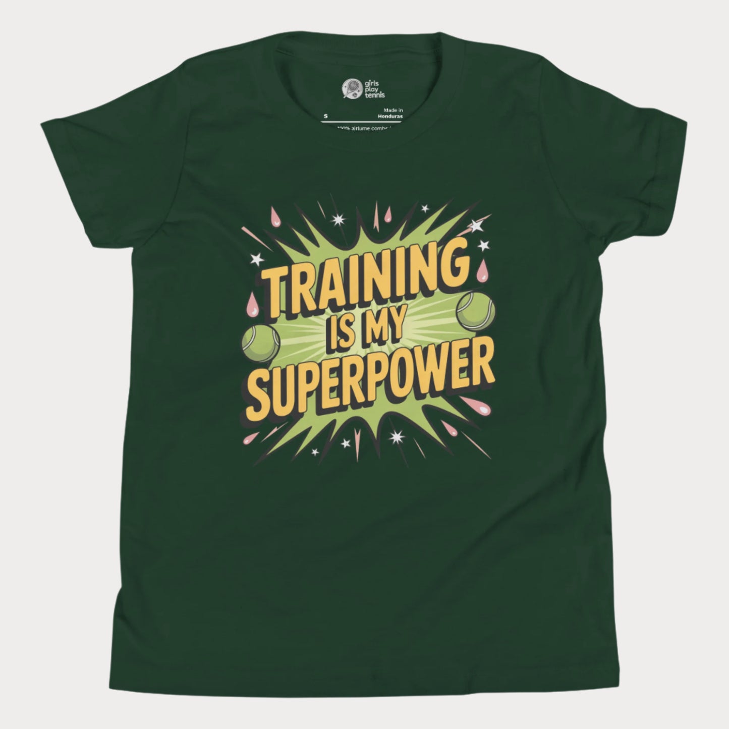 Girls tennis t-shirt with “Training Is My Superpower” slogan and energetic comic-style design