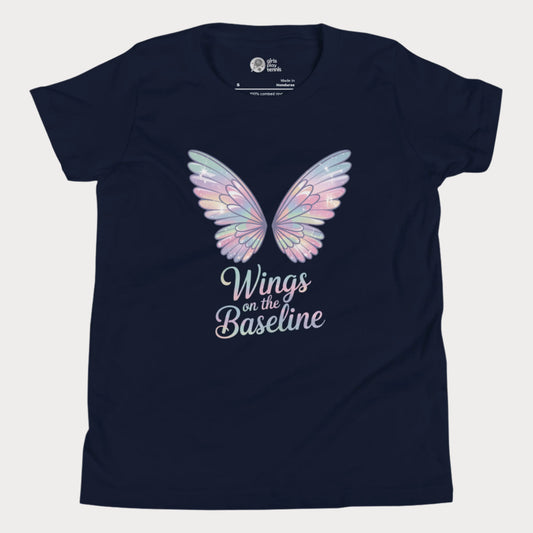 Navy girls tennis t-shirt with pastel fairy wings and “Wings on the Baseline” text – whimsical tennis design