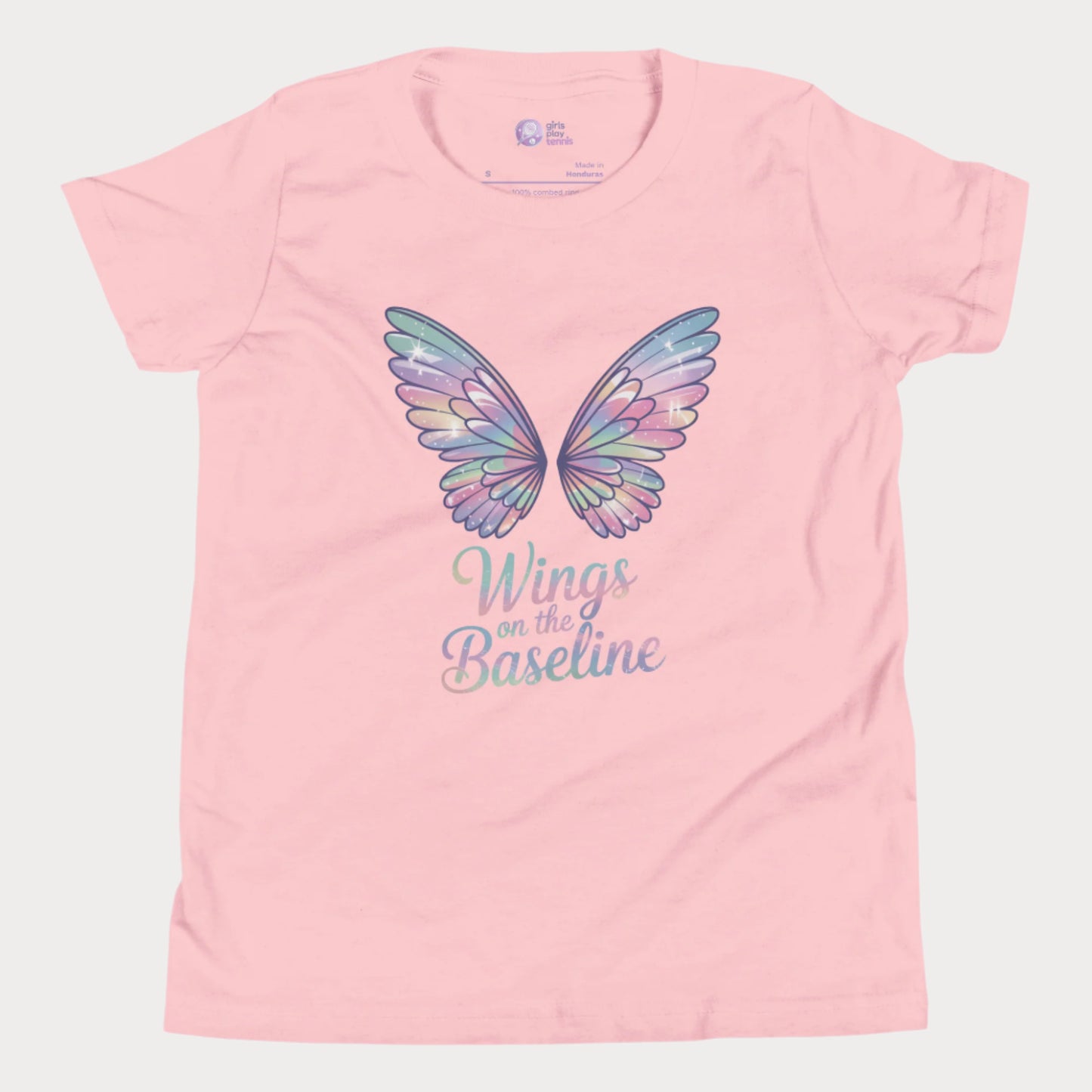 Pink girls tennis t-shirt with pastel fairy wings and “Wings on the Baseline” text – whimsical tennis design.