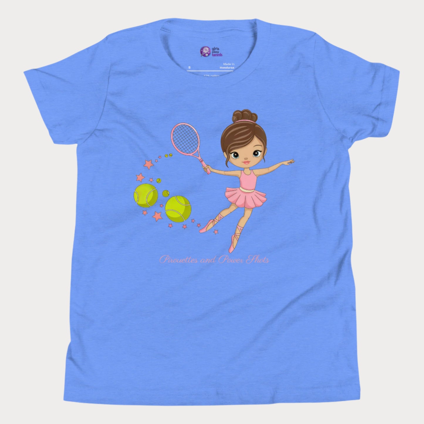 Adorable blue girls' tennis t-shirt featuring a ballerina in a pink tutu gracefully swinging a tennis racket, with stars and tennis balls trailing behind.