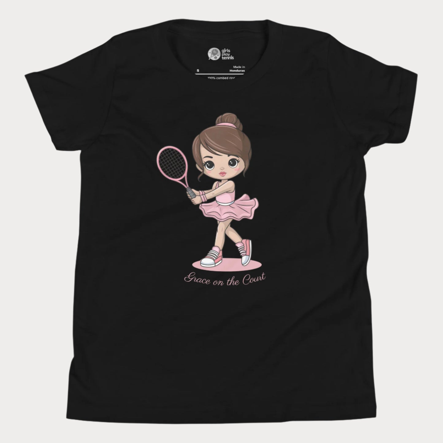 Cute girls’ tennis t-shirt featuring a ballet-inspired design with a young girl in a pink tutu holding a tennis racket. This "Grace on the Court" tee blends elegance and athleticism, perfect for little girls who love both ballet and tennis.