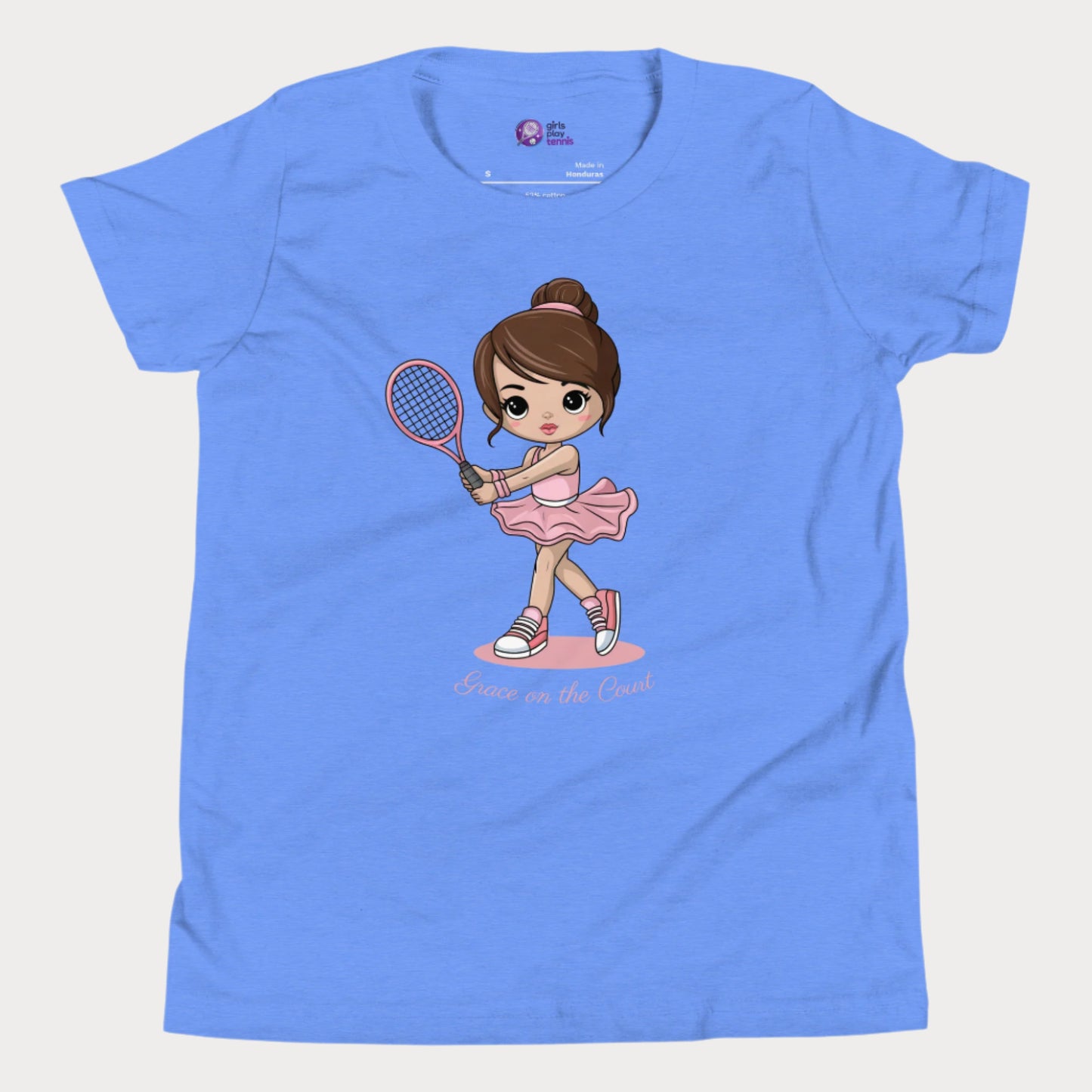 Cute girls’ tennis t-shirt featuring a ballet-inspired design with a young girl in a pink tutu holding a tennis racket. This "Grace on the Court" tee blends elegance and athleticism, perfect for little girls who love both ballet and tennis.