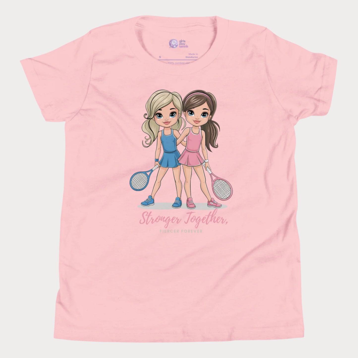 Pink girls' tennis t-shirt featuring two illustrated tennis players in blue and pink outfits holding rackets, with the empowering phrase "Stronger Together, Fiercer Forever."