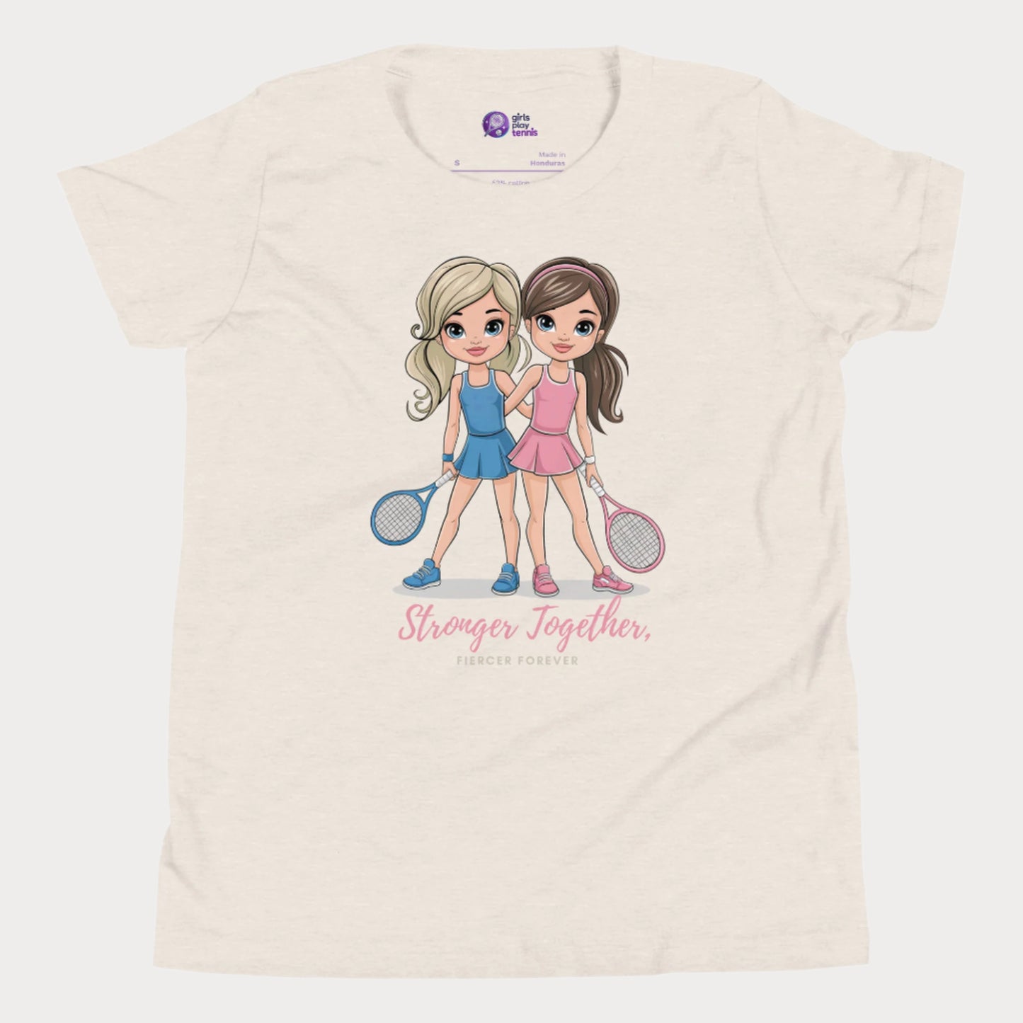 Beige girls' tennis t-shirt featuring two illustrated tennis players in blue and pink outfits holding rackets, with the empowering phrase "Stronger Together, Fiercer Forever."