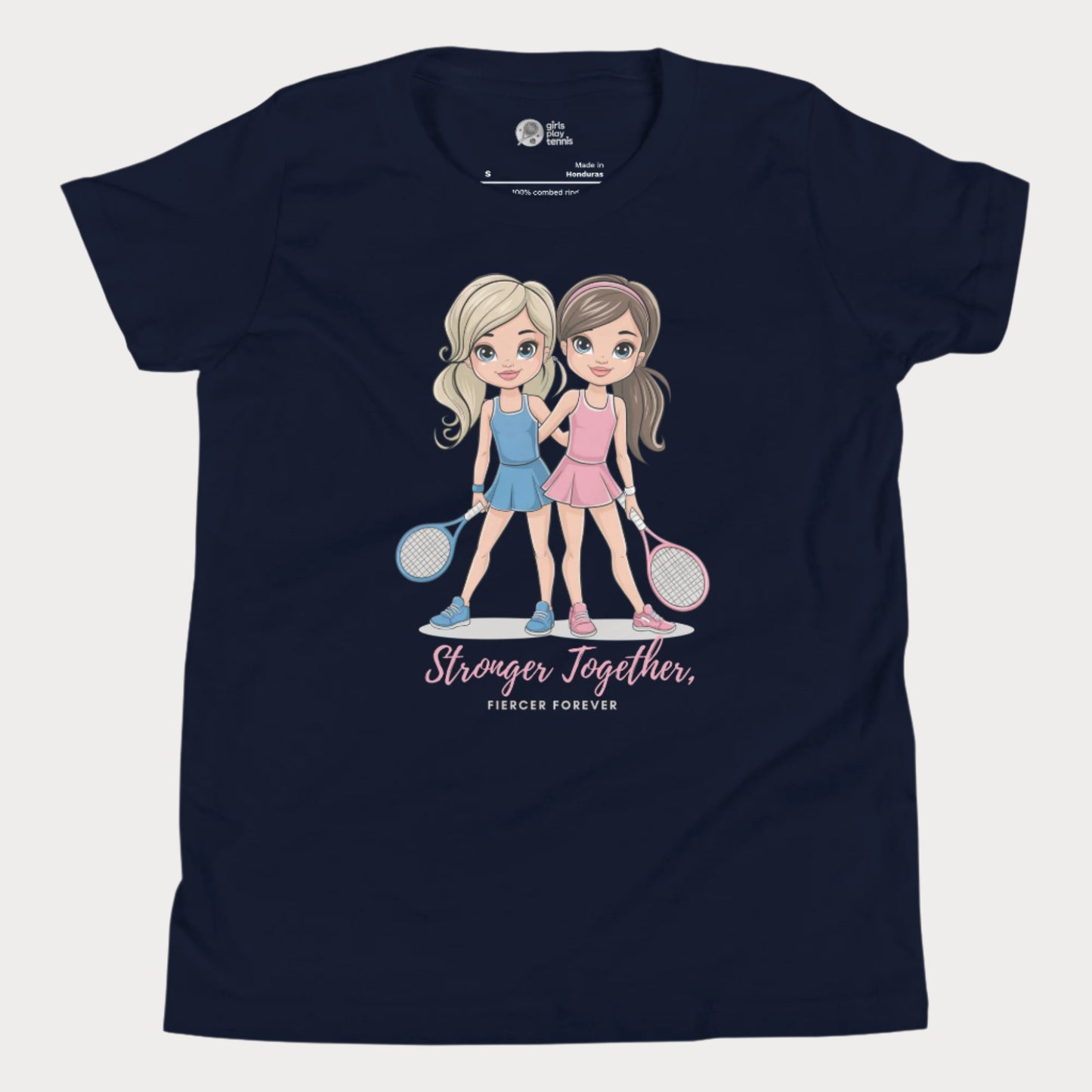 Navy girls' tennis t-shirt featuring two illustrated tennis players in blue and pink outfits holding rackets, with the empowering phrase "Stronger Together, Fiercer Forever."