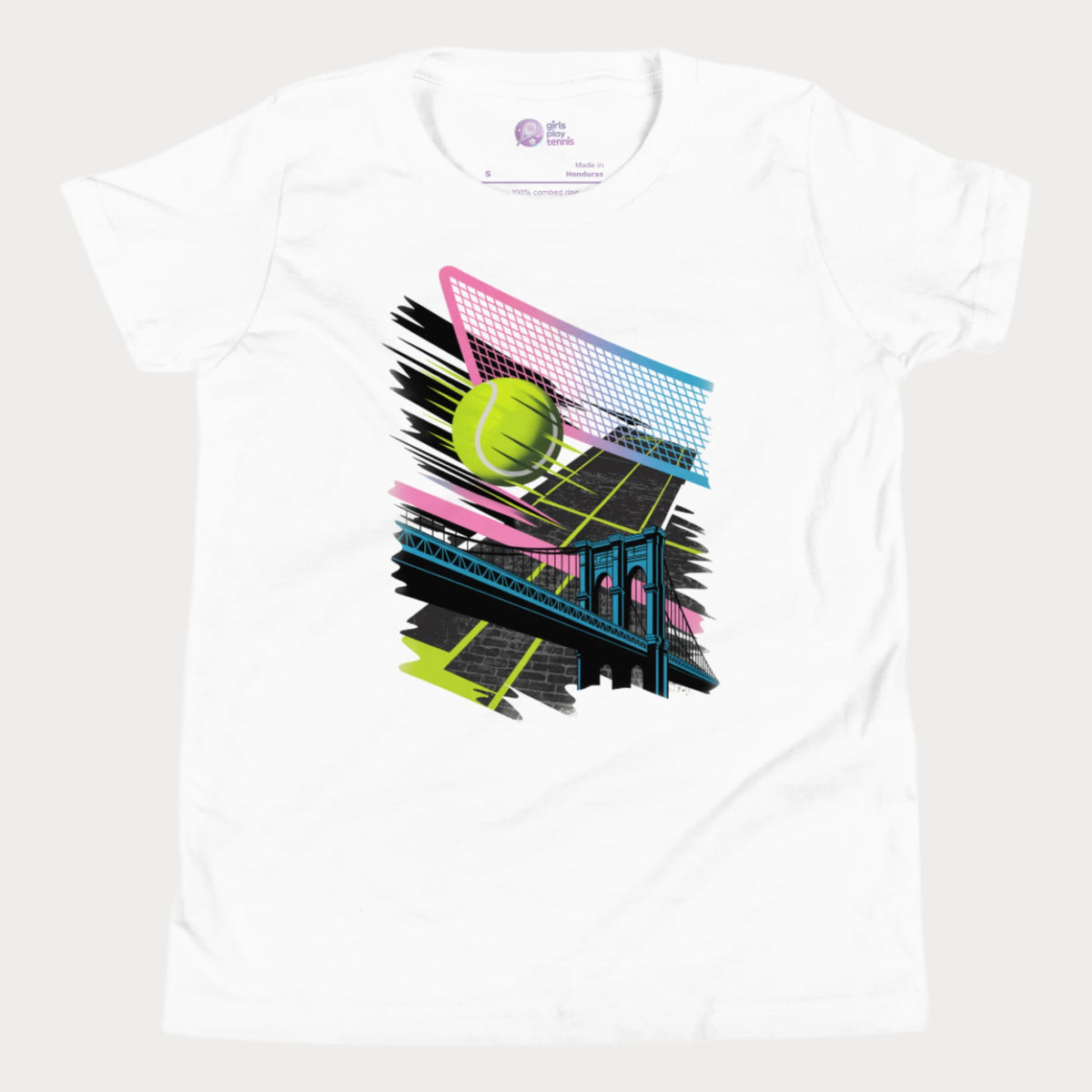 White Brooklyn Bridge girls' tennis T-shirt with a neon-style graphic of a tennis ball and net above a bridge