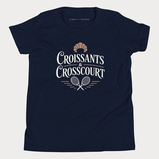 Navy Croissants & Crosscourt girls' tennis T-shirt with a croissant above crossed rackets