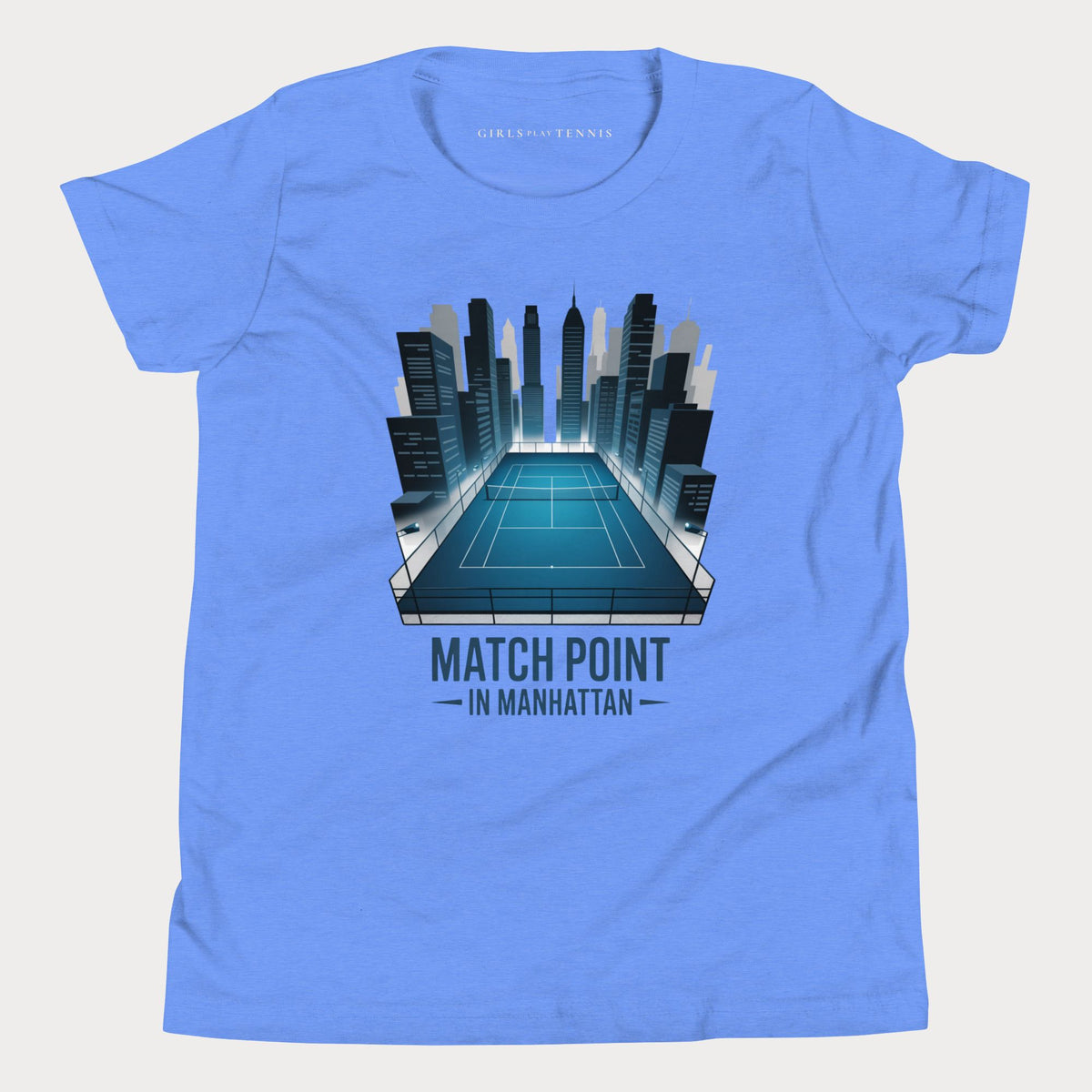 Blue Match Point in Manhattan girls' tennis T-shirt with a blue tennis court surrounded by skyscrapers