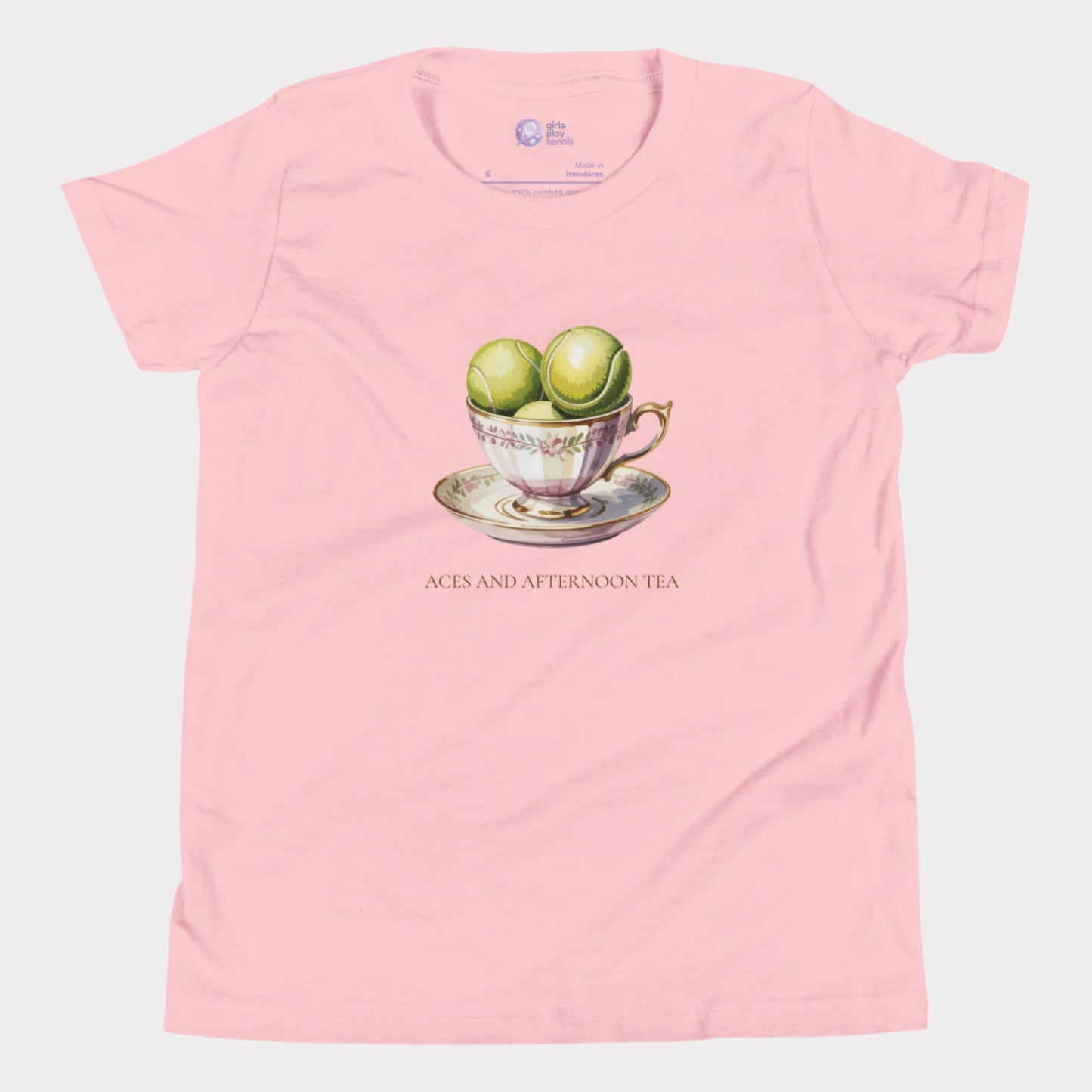 Pink girls tennis t-shirt with vintage teacup holding tennis balls – Aces and Afternoon Tea design