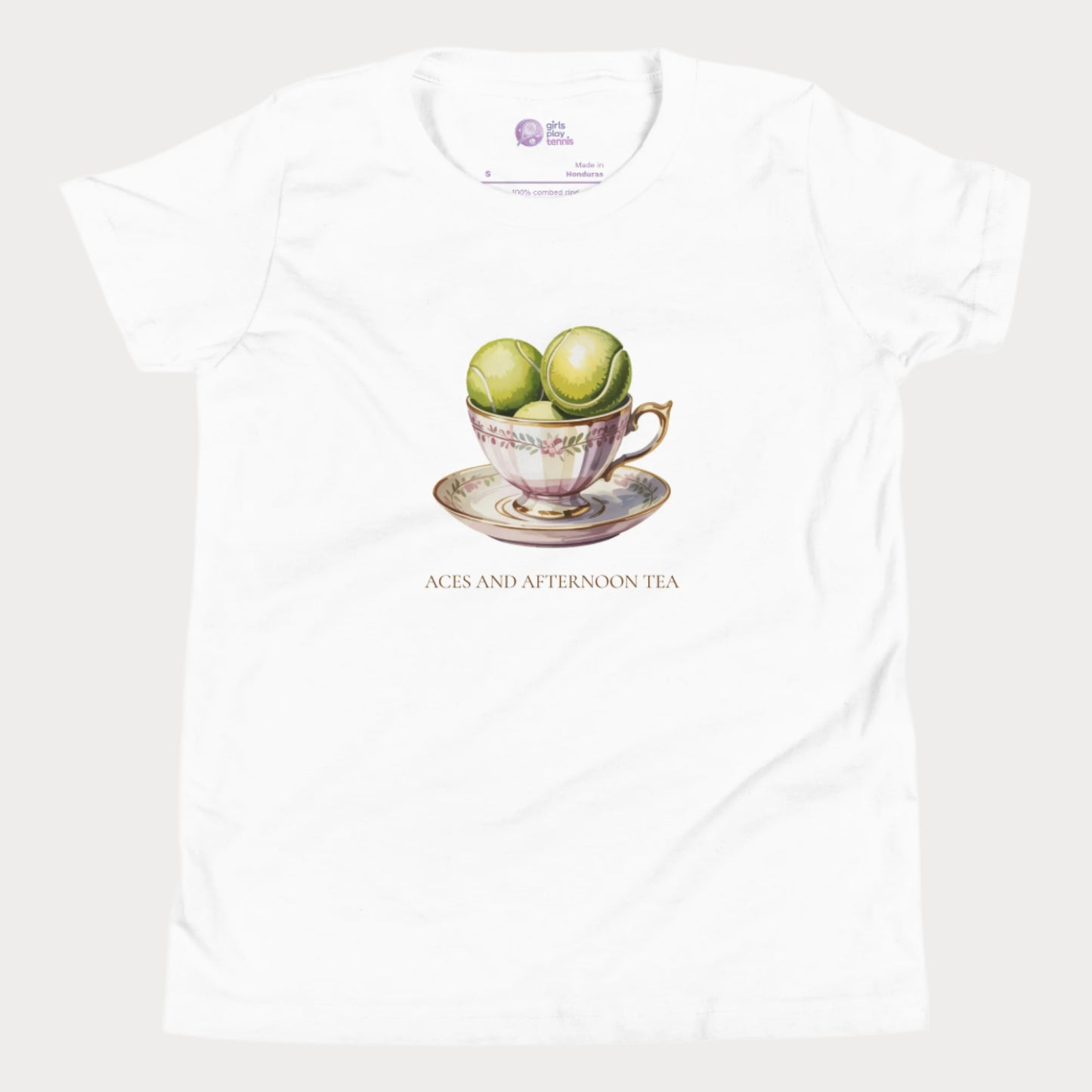 White girls tennis t-shirt with vintage teacup holding tennis balls – Aces and Afternoon Tea design