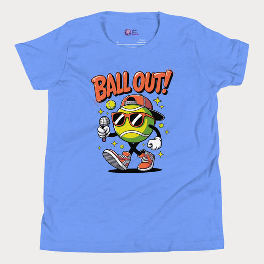 Blue girls tennis t-shirt with "Ball Out!" slogan and cartoon tennis ball character in shades and sneakers holding a mic.