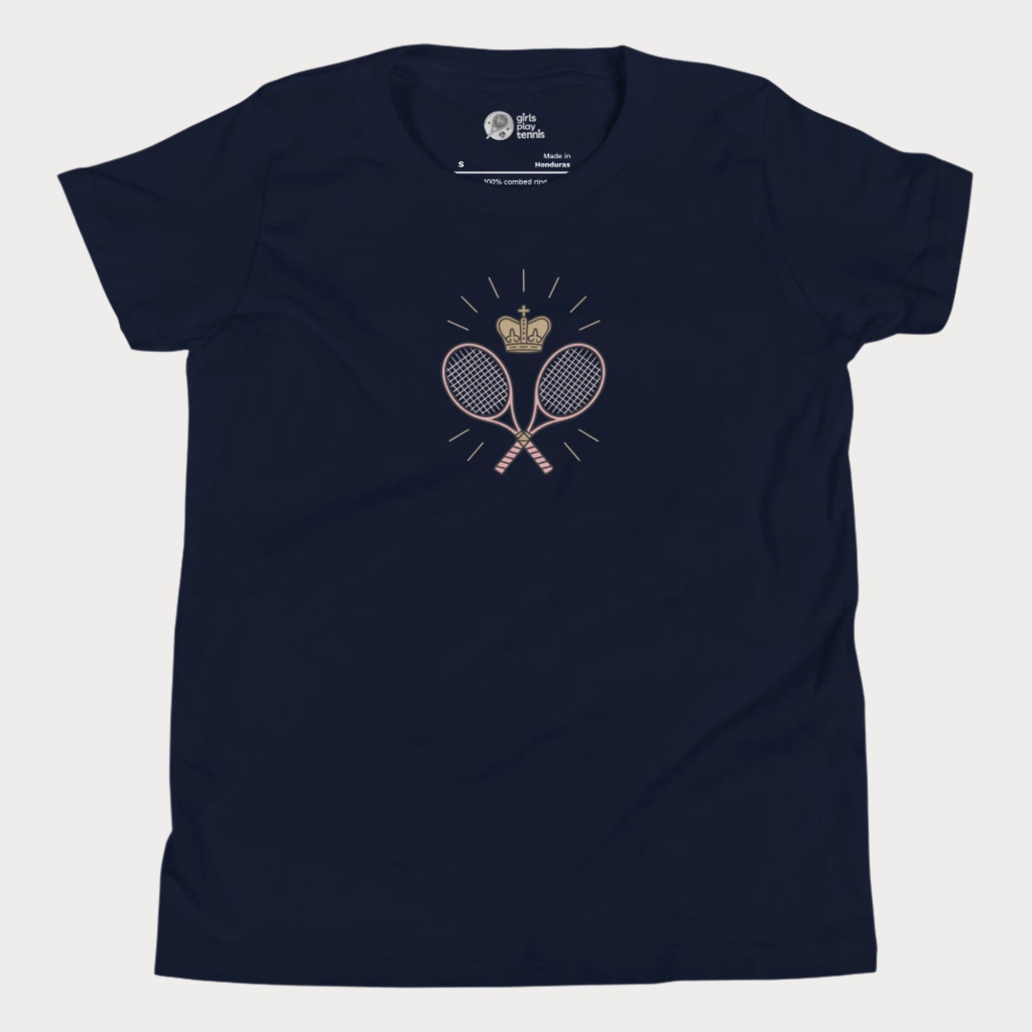 Navy girls tennis t-shirt with crown and crossed rackets design.