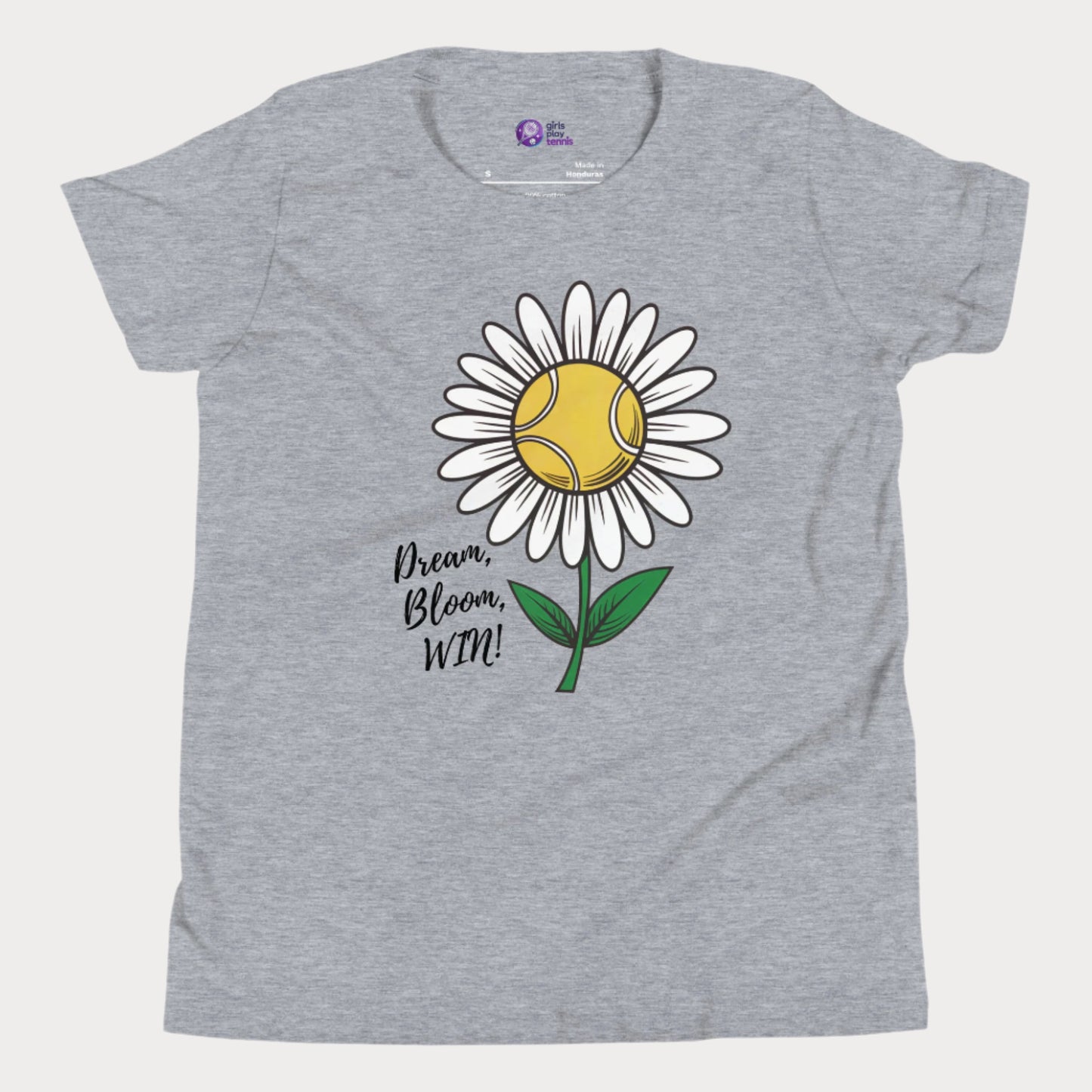Cute grey girls' tennis t-shirt featuring a daisy with a tennis ball center and the motivational slogan "Dream, Bloom, WIN!"