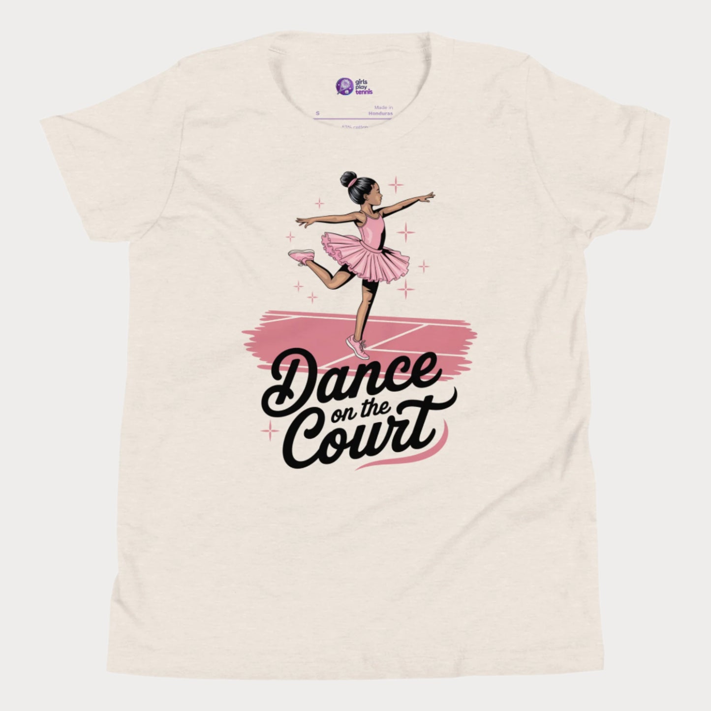 A stylish beige girls' tennis t-shirt featuring a graceful young ballerina in a pink tutu performing an elegant pose on a tennis court. The text 'Dance on the Court' blends ballet and tennis, celebrating the fluid movement and grace of the game. Designed for young girls who love tennis and fashion, this Girls Play Tennis apparel piece adds a fun, feminine twist to the sport.