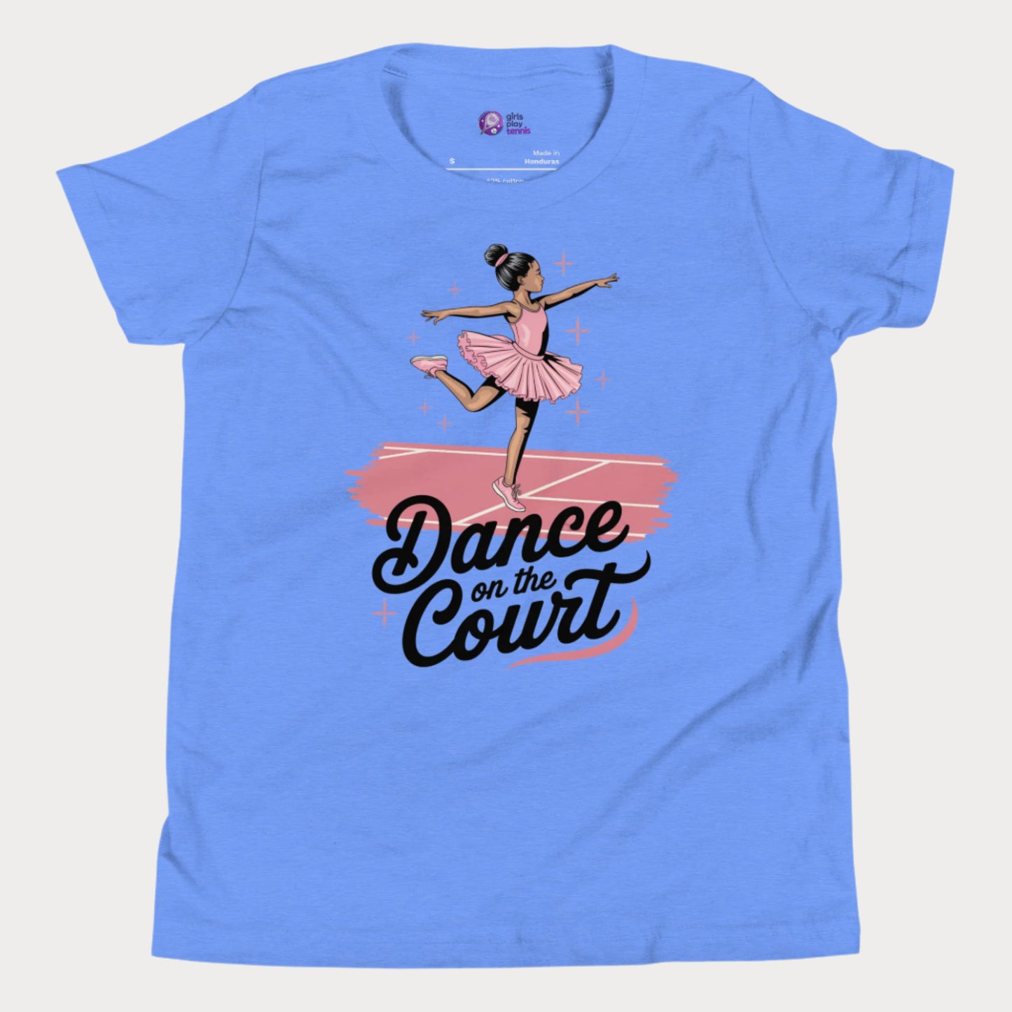 A stylish blue girls' tennis t-shirt featuring a graceful young ballerina in a pink tutu performing an elegant pose on a tennis court. The text 'Dance on the Court' blends ballet and tennis, celebrating the fluid movement and grace of the game. Designed for young girls who love tennis and fashion, this Girls Play Tennis apparel piece adds a fun, feminine twist to the sport.