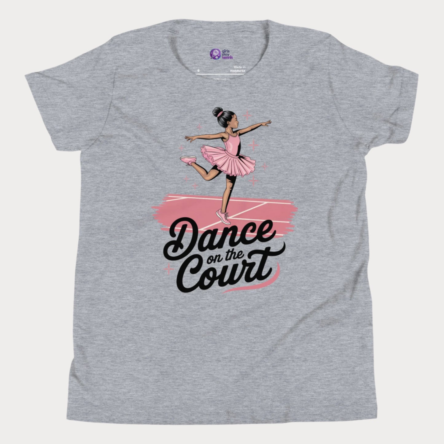 A stylish grey girls' tennis t-shirt featuring a graceful young ballerina in a pink tutu performing an elegant pose on a tennis court. The text 'Dance on the Court' blends ballet and tennis, celebrating the fluid movement and grace of the game. Designed for young girls who love tennis and fashion, this Girls Play Tennis apparel piece adds a fun, feminine twist to the sport.