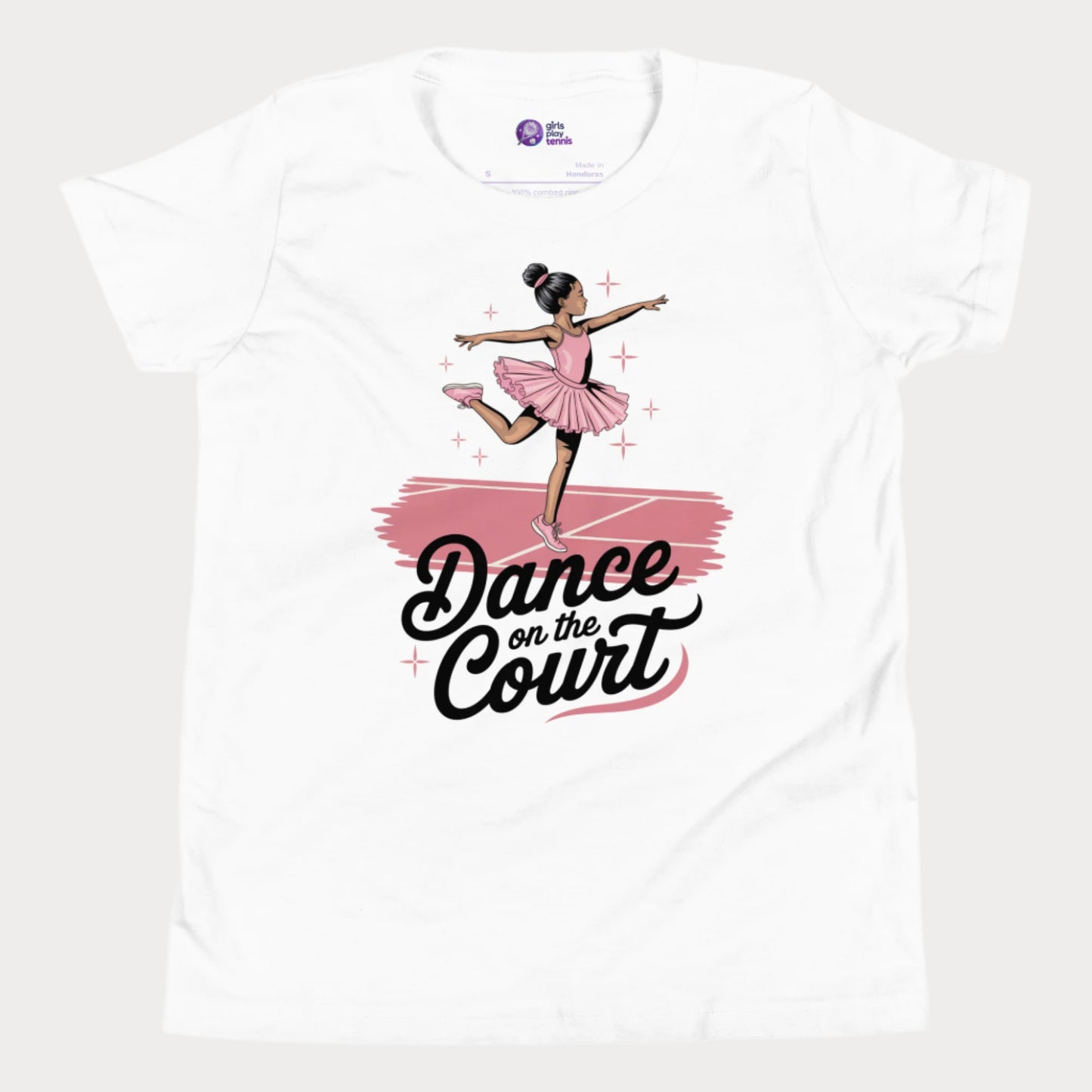 A stylish white girls' tennis t-shirt featuring a graceful young ballerina in a pink tutu performing an elegant pose on a tennis court. The text 'Dance on the Court' blends ballet and tennis, celebrating the fluid movement and grace of the game. Designed for young girls who love tennis and fashion, this Girls Play Tennis apparel piece adds a fun, feminine twist to the sport.