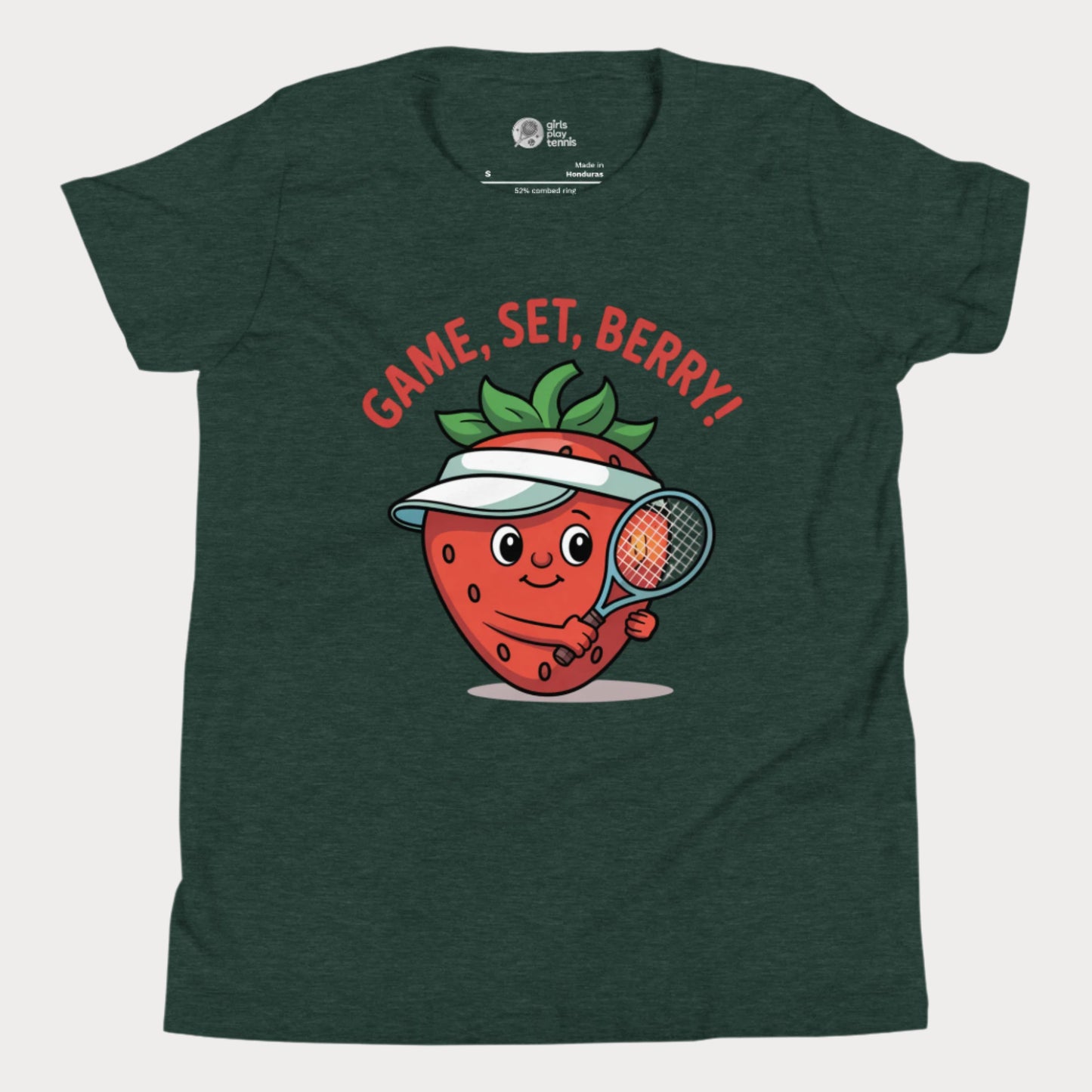 Forest girls tennis t-shirt with a smiling strawberry wearing a visor and holding a tennis racket, with the phrase ‘Game, Set, Berry!’ above it.