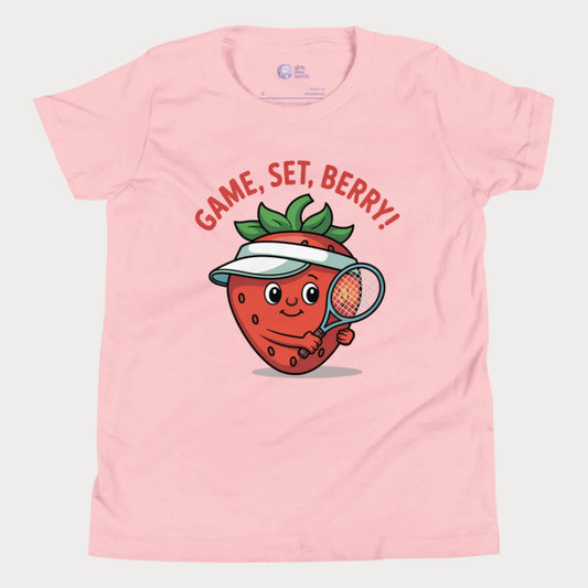 Pink girls tennis t-shirt with a smiling strawberry wearing a visor and holding a tennis racket, with the phrase ‘Game, Set, Berry!’ above it.