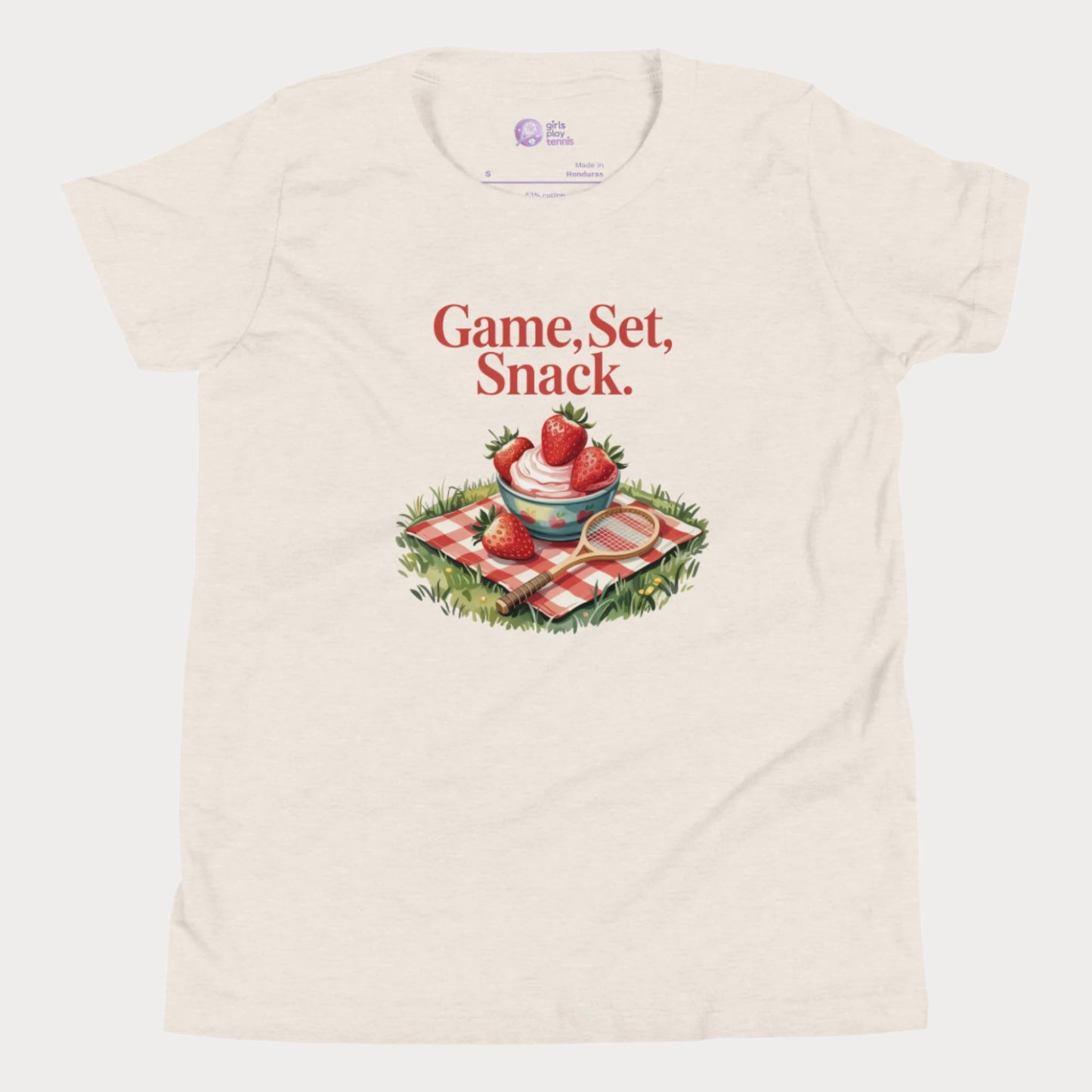 Beige girls tennis t-shirt with strawberries and cream picnic design – Game Set Snack slogan from Grass Court Collection