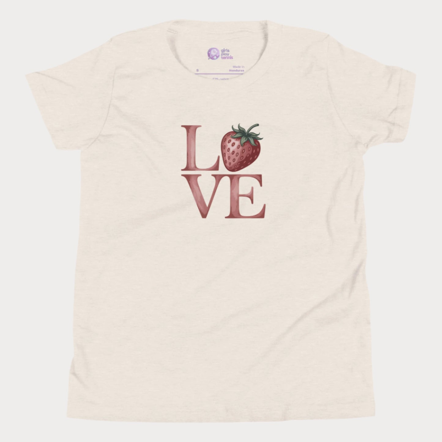Beige girls tennis t-shirt with strawberry ‘LOVE’ design – part of Grass Court Collection