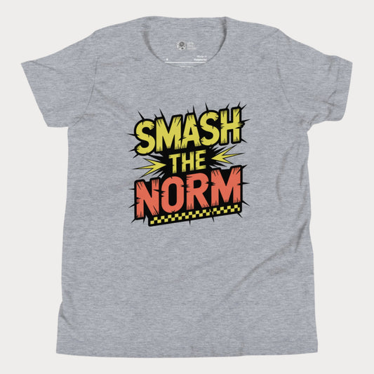 Grey girls tennis t-shirt with bold comic-style "Smash the Norm" graphic – empowering tennis top for girls.