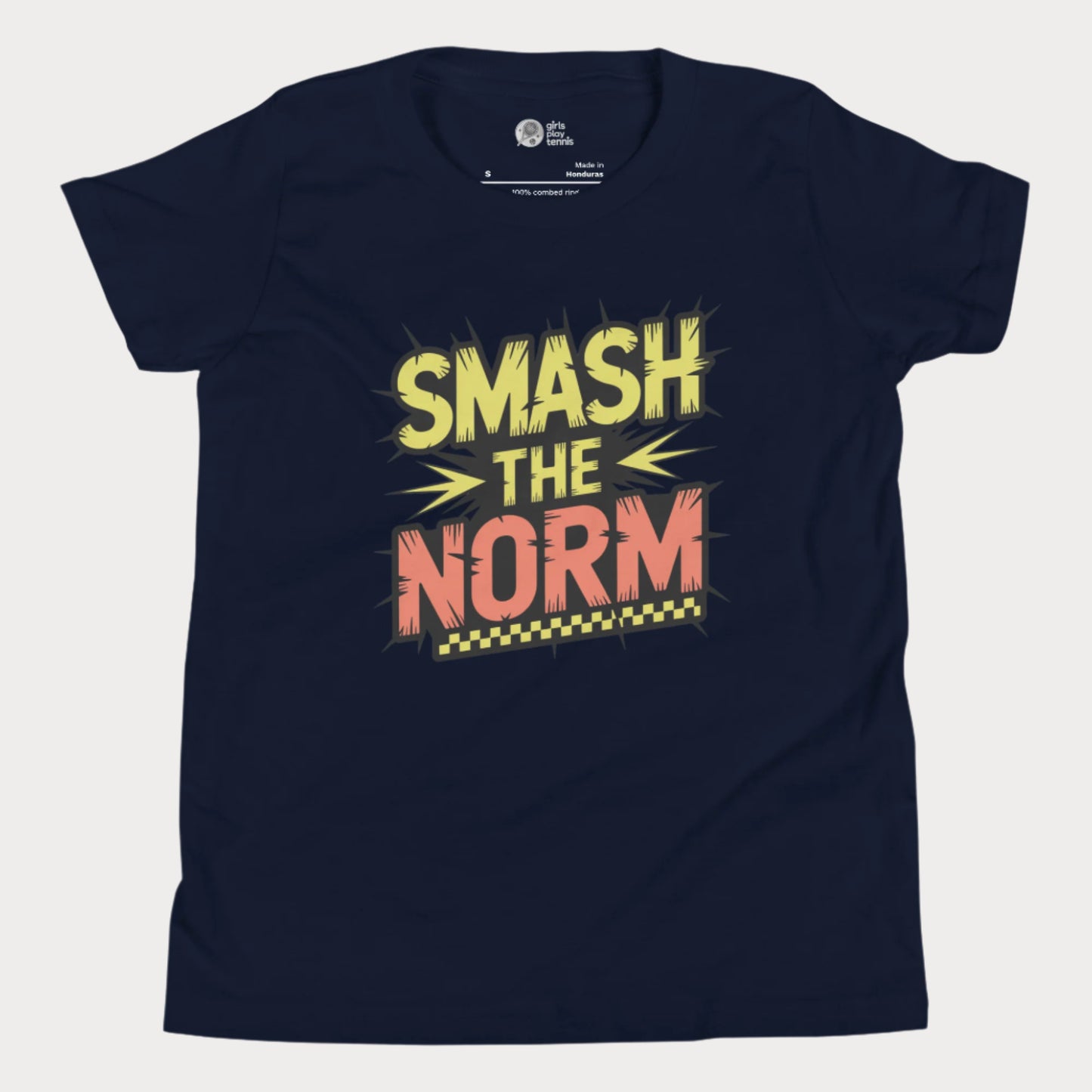 Navy girls tennis t-shirt with bold comic-style "Smash the Norm" graphic – empowering tennis top for girls