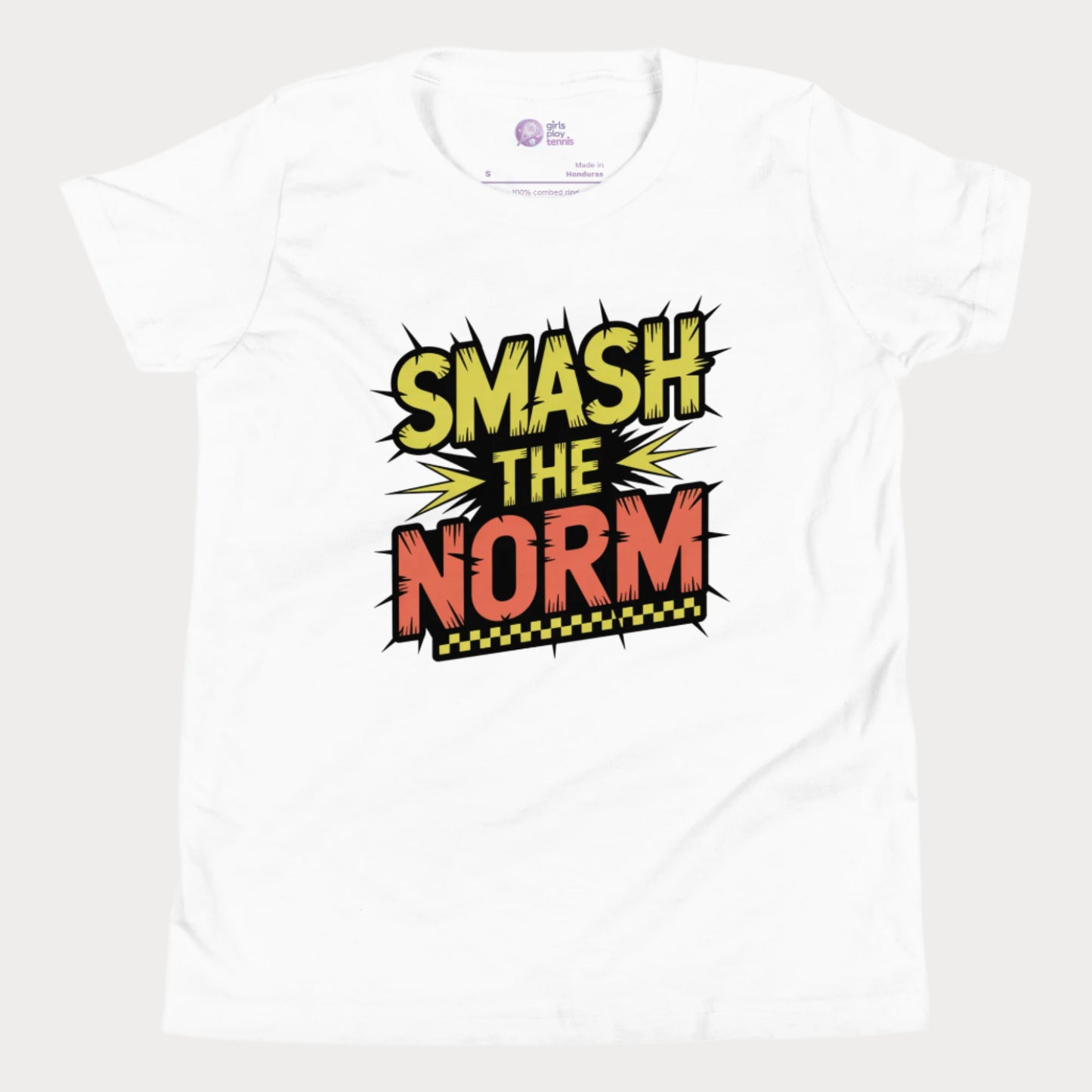 White girls tennis t-shirt with bold comic-style "Smash the Norm" graphic – empowering tennis top for girls.