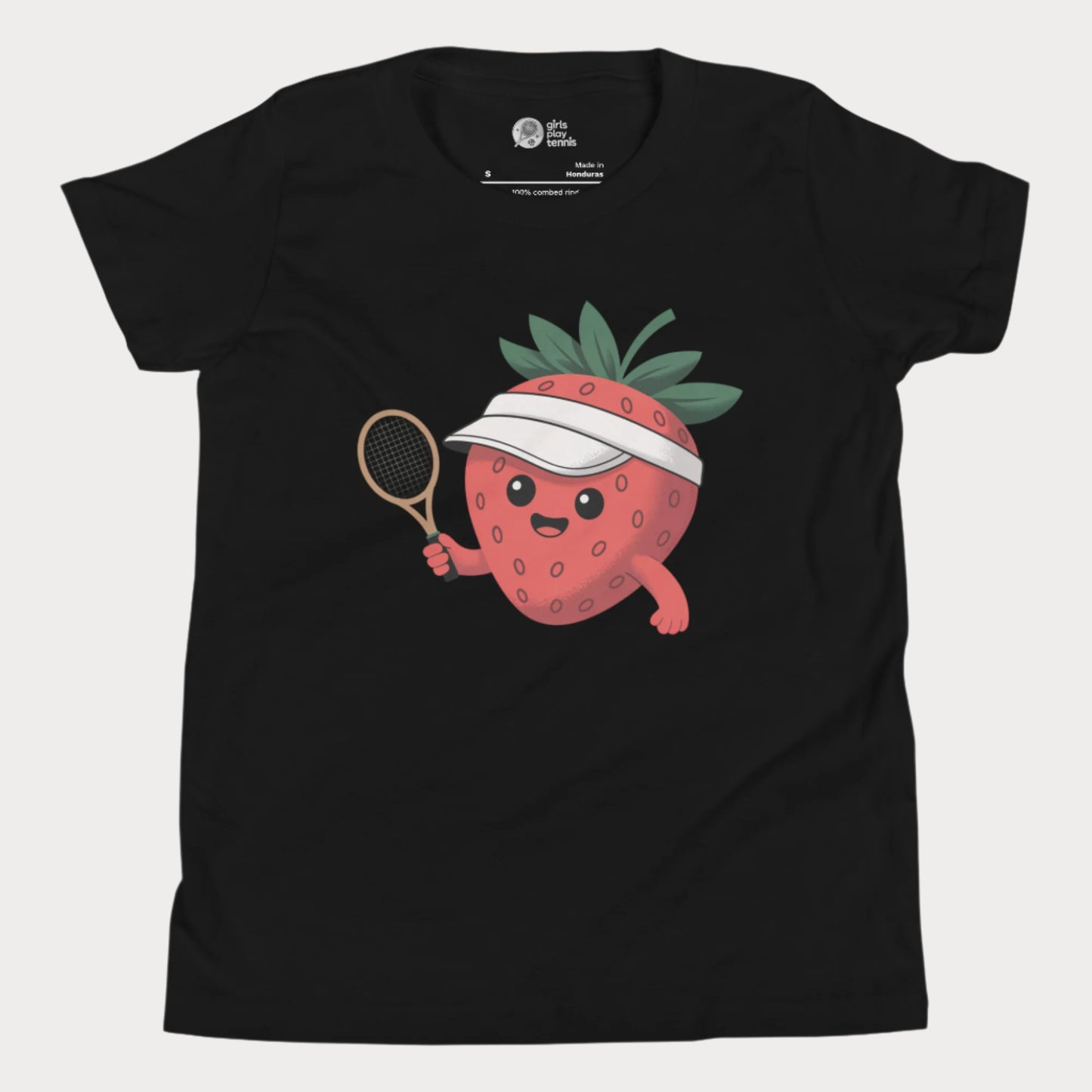 Black girls tennis t-shirt with a smiling strawberry in a visor holding a tennis racket, minimal cute design