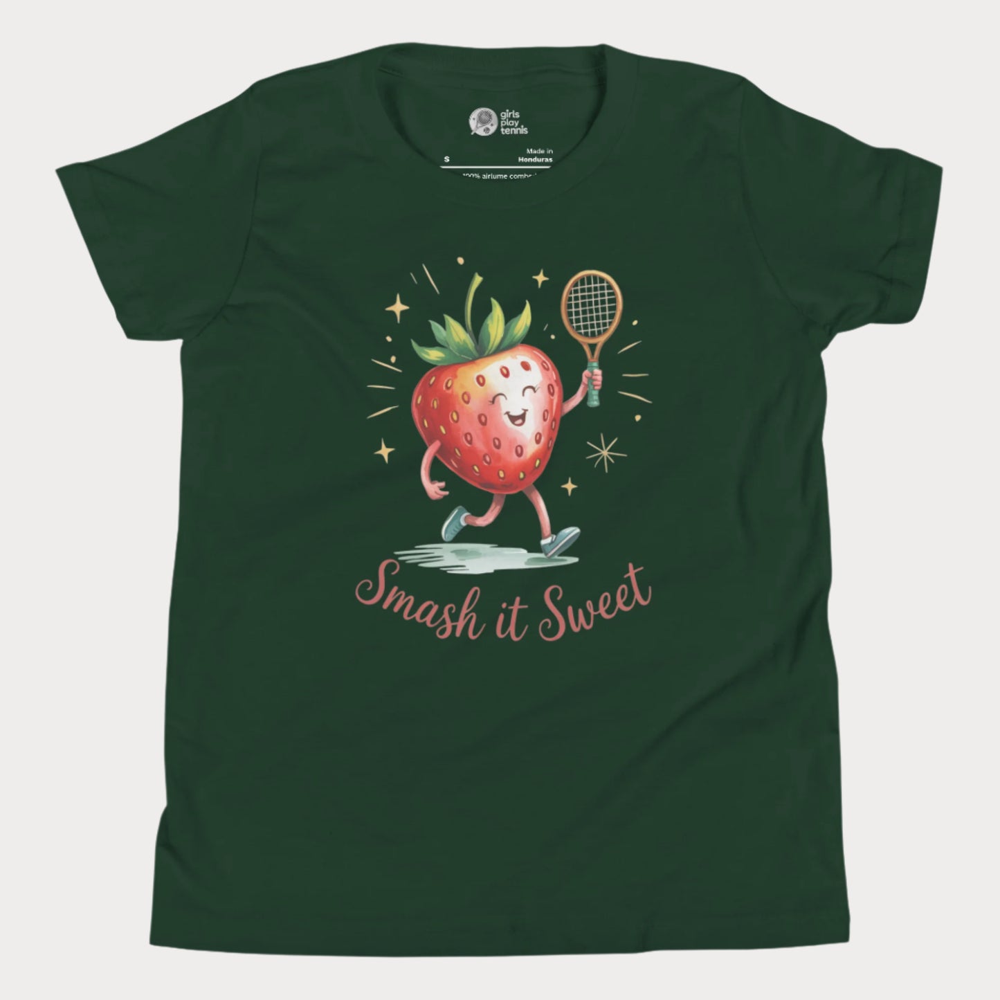 Green girls tennis t-shirt with cartoon strawberry holding tennis racket and “Smash it Sweet” slogan